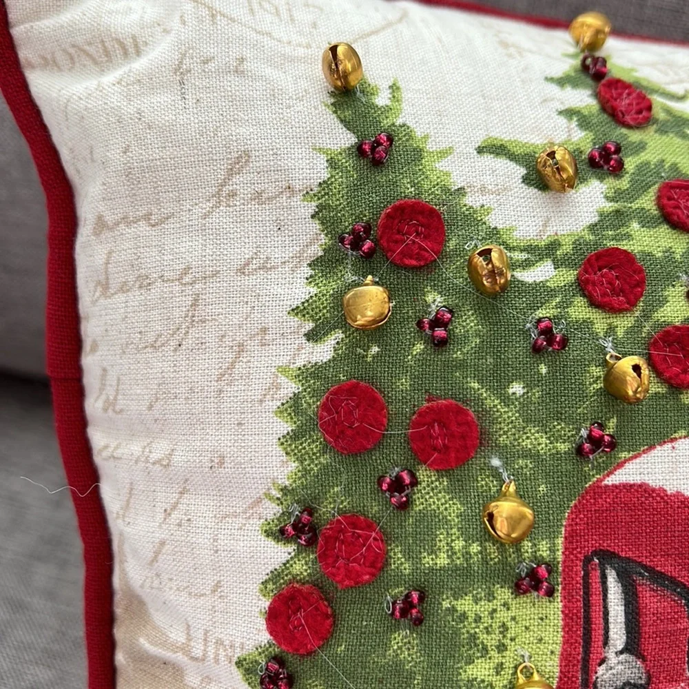 Vintage Inspired Christmas Holiday Pillow with vintage red truck & jingle bells